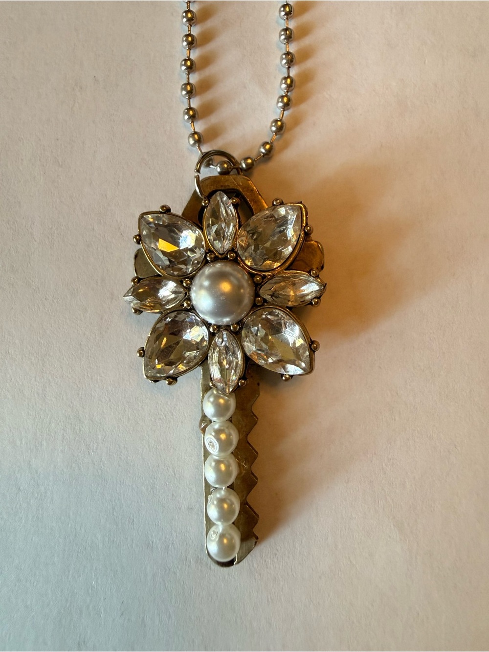 Pearl & Crystal Flower Key Pendant Necklace - Women Jewelry